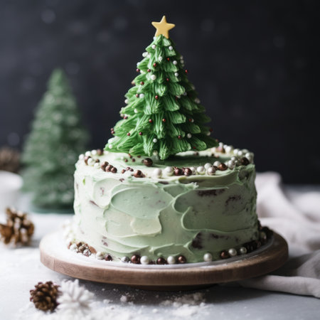 small green christmas tree on top of a christmas dress cake, featuring a focus stacking technique. the cake has a dark beige and light azure color scheme, with boldly textured surfaces that exude a rustic materiality. the frozen movement of the tree adds a touch of enchantment to the overall composition, complemented by the contrasting shades of light green and dark brown. iso 200. aiの素材