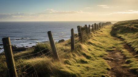 a wooden fence, reminiscent of majestic and sweeping seascapes, stands in the foreground. the fence is painted in light green and amber hues, adding a touch of pastoral beauty to the scene. captured with the tokina at-x 11-16mm f/2.8 pro dx ii lens, this photograph showcases the british topographical charm, enhanced by lens flares and curvilinear elements. ai generatedの素材