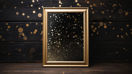 the rectangular frame of the picture on the wall features golden dots, creating a glittery and shiny effect. the dark palette adds to the festive atmosphere, while the spray painted and mirrored elements give it a rustic yet stylish look. the spot metering technique enhances the details of this captivating still life composition. ai generatedの素材