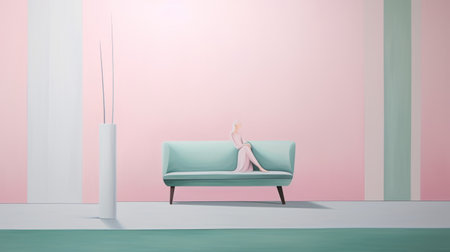 a painting of a blue sofa next to a window, inspired by the playful minimalism of hsiao-ron cheng. the artwork incorporates dark pink and light emerald hues, reminiscent of the styles of carrie graber and andreas levers. the composition exudes feminine beauty with touches of light pink and white. ai generatedの素材