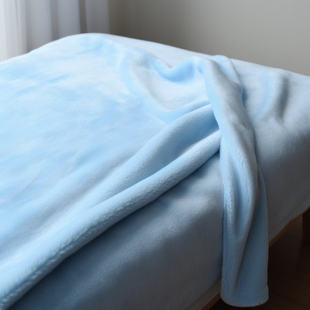 a folded bed blanket is showcased in this photo, wrapped in a light sky-blue cloth. the blanket's smooth surfaces and soft color blending create a visually pleasing contrast with its rough edges. the resin pouring technique adds a softly luminous touch to the overall composition. ai generatedの素材