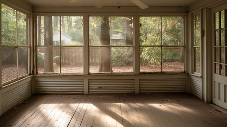 wooden floor and fan in an empty shady porch, captured with the sony fe 12-24mm f/2.8 gm lens. this photograph by sanford robinson gifford showcases a soft mist enveloping the scene, creating a forestpunk ambiance. earth tones dominate the composition, while the creased, crinkled, and wrinkled textures add depth and character. a truly breathtaking sight. ai generatedの素材
