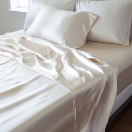 white bed with beige sheets and pillows, featuring a smooth and shiny style. the iridescent effect adds a touch of elegance to this recycled, scott adams-inspired design. the split toning technique enhances the visual appeal, while the use of ferrania p30 film creates a smooth and polished finish. ai generatedの素材