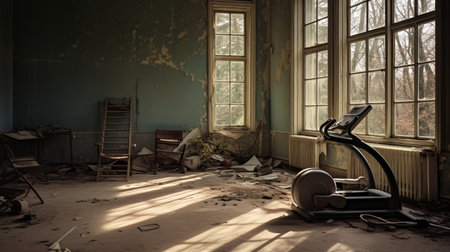 dismantled adobe structure showcasing an empty room filled with machinery. this photograph captures the essence of soft, dreamy scenes with dramatic light and shadow. it draws inspiration from the washington color school and breakdance photography, evoking a sense of grandiose ruins reminiscent of the danish golden age. vintage imagery adds a nostalgic touch to this captivating image. ai generatedの素材