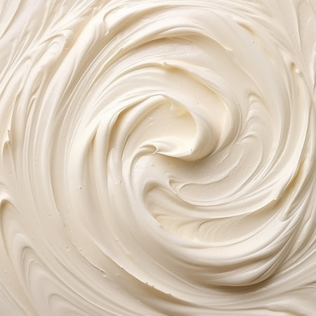 a close-up stock photo (74484574) showcasing the texture of a white swirled cake. the image is captured in the style of a large canvas format, with post-processing techniques enhancing its sculptural form. the dynamic and dramatic composition, resembling an aerial view, highlights the melting and beige tones of the cake. ai generatedの素材