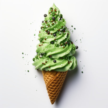 a green ice cream cone resembling a tree, capturing a festive atmosphere with its organic and fluid design. this innovative technique showcases the cone's unique cranberry core, resulting in a visually striking and multi-layered matte photo. shot at iso 200, this image is a delightful blend of creativity and deliciousness. ai generatedの素材