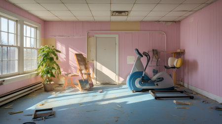 pink room with a bike and wooden chairs, capturing suburban ennui in the style of deteriorated, light blue and yellow medical imaging film. this new york school-inspired scene is bathed in sunrays, exuding a traincore aesthetic. ai generatedの素材