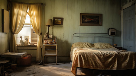 an old abandoned house bedroom captured in a uhd image by geof kern. the golden light and farm security administration aesthetics create a romantic atmosphere. the everyday life depiction showcases a dark beige and light aquamarine color scheme. ai generatedの素材
