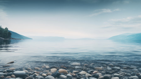 a serene and captivating photograph capturing the beauty of a lake nestled amidst majestic mountains. this ethereal seascape showcases a romantic soft focus and ethereal light, with a dark sky-blue and aquamarine color palette. the flattened perspective adds depth to this uhd image, while the zen-inspired ambiance transports viewers to peaceful seaside scenes. ai generatedの素材