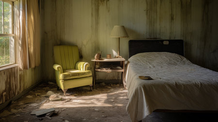 a bed in a room with a hole in the wall, showcasing farm security administration aesthetics. the room is adorned in light yellow and light emerald colors, creating an atmosphere of abandoned spaces. the scene is highly staged, with creased, crinkled, and wrinkled elements adding to the charm of the romantic ruins. sunrays beautifully shine upon the bed, adding a touch of warmth. ai generatedの素材