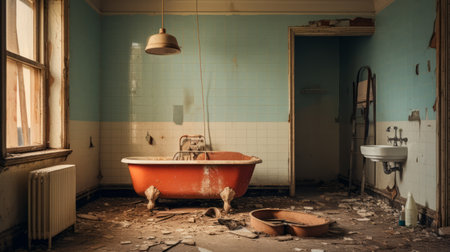 an old bathroom with rubble scattered across the floors and walls, featuring a vivid color scheme of light red and teal. captured using long exposure and schlieren photography techniques, this image showcases dark orange and light beige tones. the scene evokes emotions and drama, with a focus on medical themes. ai generatedの素材