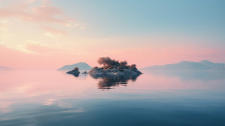 the photo showcases a serene lake at dusk, with its water reflecting the soft evening light. the lake appears empty, except for a few isolated small islands. the image is rendered in a cinema4d style, featuring a color palette of light pink and teal. it captures the essence of nature-inspired imagery, resembling a fine art photograph or a matte painting. the landscape evokes a senseの素材