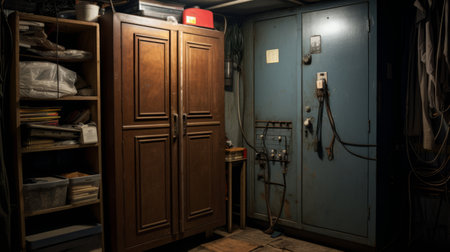 a blue cupboard and wooden cabinet, designed in an industrial horror style, showcase immersive environments and industrial machinery aesthetics. the dark brown and amber tones create a spooky atmosphere. captured with fujifilm pro 800z, this uhd image beautifully captures the dark and mysterious themes. ai generatedの素材