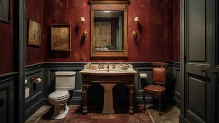 an antique toilet, in the style of dark gold and crimson, sits in a bathroom. this historical reimagining by john frederick kensett, luke fildes, and stephen shortridge showcases intricate detailing and creates a rich and immersive atmosphere. ai generatedの素材