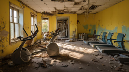 empty gym floor in the style of post-apocalyptic ruins, featuring a vibrant chaos of light yellow and gold. captured with a nikon d850, this photo showcases the fusion of rural america and rococo interiors. the space is adorned with captivating site-specific artworks, creating a unique visual experience. ai generatedの素材