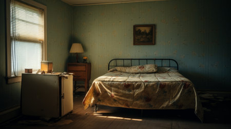 a small room with a bed and a small refrigerator is captured in this nostalgic landscape-style photograph. the moody atmosphere evokes a sense of rural america, reminiscent of documentary photography. the light amber and aquamarine tones add a vintage touch to the imagery, which is enhanced by the high resolution of 8k. ai generatedの素材
