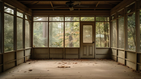 a room featuring atmospheric woodland imagery with wooden floors and shutter windows. the new american color photography style captures the essence of outdoor scenes and decaying landscapes. the room is adorned with light beige and bronze tones, creating a serene ambiance. the photo was taken using the sony fe 12-24mm f/2.8 gm lens, showcasing the american tonalist aesthetic. ai generatedの素材