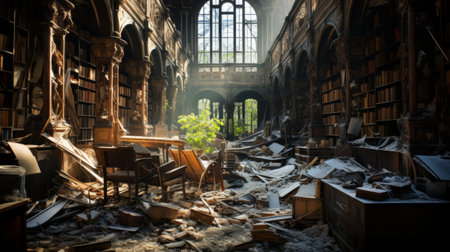 a photo of a grandiose library, reminiscent of ruins, filled with books and scattered bookshelf debris. the light-filled scene captures the essence of a documentary photographer's style, with gothic references and a touch of romantic academia. this post-world war ii school of paris image evokes a sense of environmental awareness. ai generatedの素材