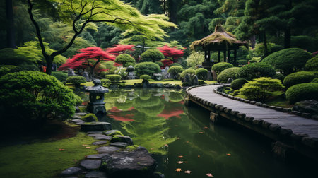 a japanese garden featuring lush green plants and a wooden walkway, designed in the style of light emerald and dark crimson hues. the vibrant colors create a captivating atmosphere, enhanced by the use of saturated pigment pools. captured with a leica m10, this photo showcases the fantasy settings and innovative techniques employed. the composition also incorporates elements of light red and dark gray, along withの素材