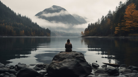 a woman sits on a rock in a misty forest, gazing at the water. the photo captures the calming symmetry and expansive landscape of the scene. with a captivating documentary style, it evokes the influence of zen buddhism and the pixelated landscapes reminiscent of emily carr's work. ai generatedの素材