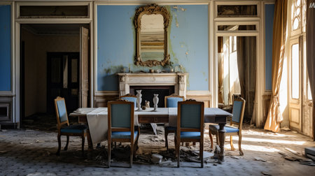 a blue painting on the ceiling captures the essence of extravagant table settings, abandoned spaces, war photography, luxurious interiors, the southern countryside, vintage atmosphere, and post-war french design. ai generatedの素材