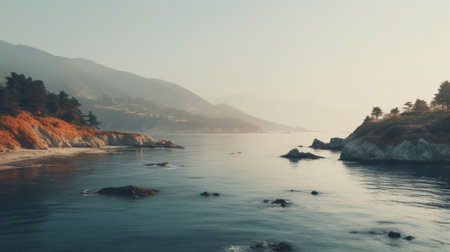 the photo captures a stunning coastal landscape in the style of hazy romanticism. with its breathtaking views and the use of post-processing techniques, this image showcases the beauty of california impressionism. shot with the olympus af-1, also known as olympus infinity, the photo is presented in 8k resolution, highlighting the mesmerizing details in light indigo and light bronze tones. ai generatedの素材
