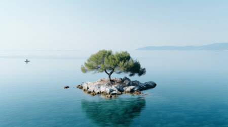 an island with a solitary tree stands amidst the tranquil waters, with a distant boat adding a touch of serenity. this captivating photograph, in the style of split toning, showcases the beauty of nature in a minimalist and mediterranean-inspired composition. with influences from zen buddhism, this 8k photography installation captures the essence of tranquility and simplicity. ai generatedの素材