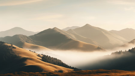 a brown grassy region with mountains, captured in the style of hazy romanticism. this ethereal image showcases light white and amber tones, offering a mesmerizing visual experience. with its 8k resolution, this documentary travel photograph beautifully portrays intricate landscapes and nature-inspired forms, inviting viewers to immerse themselves in the captivating beauty of the scene. ai generatedの素材