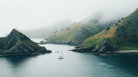 a sail boat peacefully floats in the middle of the water on a foggy day, showcasing a gravity-defying landscape. this secluded setting offers a coastal view reminiscent of english countryside scenes. the photo captures the essence of toyo ito's style, with its light white and teal tones. the detailed marine views add depth and intrigue to the overall composition. ai generatedの素材