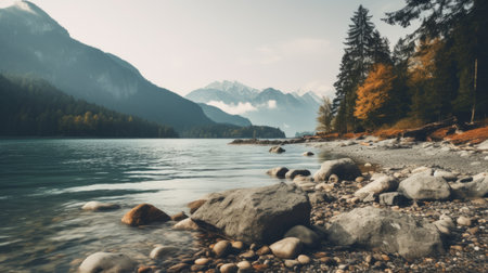 the photo showcases a breathtaking mountain scenery with reflections amidst rocks, trees, and a serene river. the image is captured in 8k resolution, highlighting the beauty of the dark teal and light beige color palette. the composition exudes a romantic riverscape in a swiss style, incorporating vintage imagery and embracing the essence of nature. it also resonates with the popular cottagecore aesthetic. ai generatedの素材
