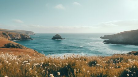 white flowering bushes by the sea, captured in a minimalist style with dark cyan and gold tones. these traditional british landscapes offer serene oceanic vistas, complemented by lush landscape backgrounds. the photo, taken with a webcam, showcases the beauty of the san francisco renaissance. ai generatedの素材