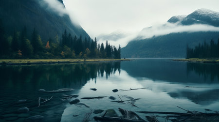 a stunning 32k uhd photo capturing a serene body of water surrounded by trees and bushes. this atmospheric and moody landscape, reminiscent of swiss and whistlerian styles, exudes a sense of tranquility. with its gray and aquamarine tones, this high-quality national geographic-worthy image is a visual treat for nature enthusiasts. ai generatedの素材