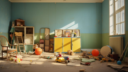 a messy room with a playful innocence, featuring a mix of dark yellow and light cyan colors. the room is filled with various items in a disorganized state, creating a commercial imagery vibe. the photo showcases a sparse use of color, giving it a toycore aesthetic. the colorized, photo-realistic landscapes add depth to the overall composition. ai generatedの素材