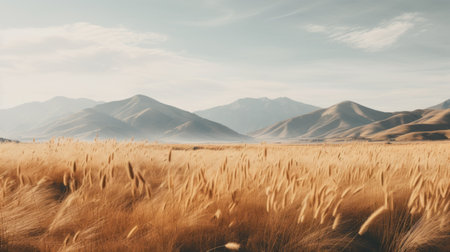 a field of wheat stretches out before majestic mountains, creating a captivating scene. this photograph showcases a muted colorscape mastery, capturing the essence of atmospheric portraits and wildlife photography. the otherworldly landscapes and nature-based patterns blend seamlessly, resulting in a soft and romantic scene that embodies the beauty of the wilderness. ai generatedの素材