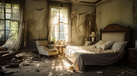 an abandoned apartment in a state of decay is captured in this uhd image. the photograph, taken in the style of romantic soft focus and ethereal light, showcases the luxurious drapery and solarizing effect. sunrays shining upon the abandoned space create a captivating scene of abandonment and decay. this associated press photo captures the essence of the forgotten apartment. ai generatedの素材