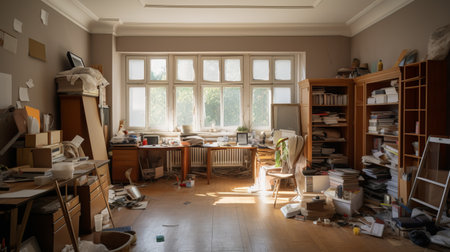 a room full of trash is captured in this uhd image, showcasing the dusty piles and cluttered space. despite the chaos, the golden light streaming in creates a unique contrast, reminiscent of light-filled interiors. the photographer's exacting precision and skill in solarizing the image adds an artistic touch, making this photo a captivating representation of a writer academia. ai generatedの素材