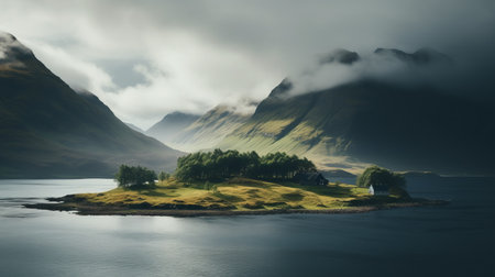 an island surrounded by water, with majestic mountains and clouds in the background. this national geographic photo captures the charm and tranquility of idyllic rural scenes. glen orbik's soft atmospheric style is evident in the subtle use of light and shadow, creating a captivating and layered imagery. the photo is presented in stunning 8k resolution. ai generatedの素材