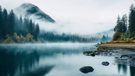 water reflection in the fog on a lake, showcasing a mesmerizing blend of dark turquoise and turquoise hues. the serene scene is framed by majestic mountainous vistas, captured with the tokina at-x 11-16mm f/2.8 pro dx ii lens. this high-resolution 8k image by aleksey savrasov is a true masterpiece, offering breathtaking landscape inspirations in uhd quality. ai generatedの素材