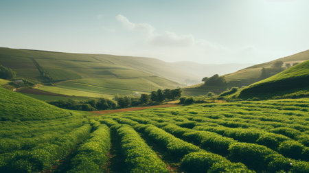 green grass in the field, reminiscent of traditional british landscapes, showcases mountainous vistas and is captured through the artistic technique of tilt-shift photography. the image features wavy lines and organic shapes, creating a lush and immersive scenery that celebrates rural life. ai generatedの素材