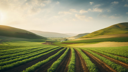 a picturesque landscape photo featuring a field and mountains adorned with golden wheat. the image showcases wavy lines and organic shapes, creating a visually captivating scene. the lush background adds depth and beauty to the composition. with a tilt-shift effect, the photo exudes a farm security administration aesthetic. the color palette consists of light navy and green, reminiscent of the stunning emek golan region. thisの素材