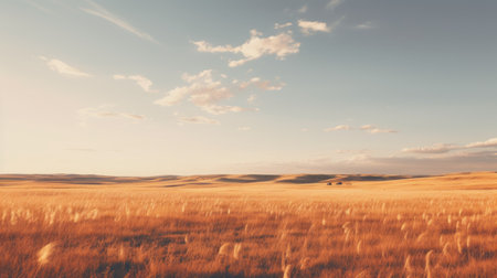 a windy, golden autumn day in the wheat field captured in a realistic landscape style with soft, tonal colors. this 8k resolution photograph showcases the beauty of australian landscapes, featuring topographic elements. the image is characterized by a loose, painterly style reminiscent of classical landscapes, with a color palette dominated by light orange and dark cyan tones. ai generatedの素材