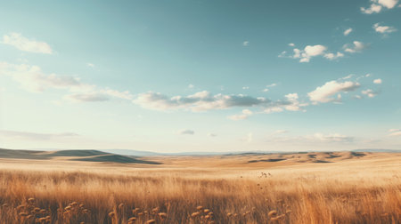 a flat field showcases a stunning large dune landscape with clouds. the photo is processed in the style of cross-processing, resulting in a light aquamarine and beige color palette. with an 8k resolution, this image captures the beauty of italian landscapes. the scene is both realistic and romantic, evoking a sense of serenity in these serene pastoral scenes. ai generatedの素材