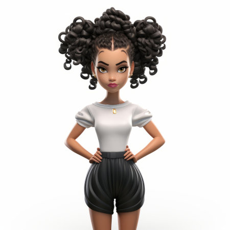 african girl with blonde afro hair, depicted as a toy model in a cartoonish hip-hop style. this illustration showcases meticulous design and photorealistic details, rendered in the style of unreal engine. the character stands against a white background, adding emphasis to its vibrant and eye-catching appearance. ai generatedの素材
