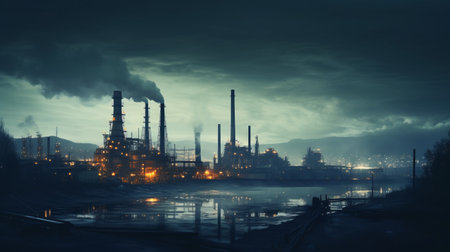 an oil refinery stands tall in the twilight, surrounded by an oil field and ominous black clouds in the sky. this captivatingly atmospheric cityscape, reminiscent of science fiction art, is adorned with dark green and teal hues. the misty atmosphere adds to the evocative environmental portraits, while the dark reflections and historical imagery create a mesmerizing scene. ai generatedの素材