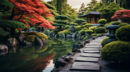 japanese garden and waterfall in a traditional garden, featuring a serene blend of light turquoise and dark red hues. this uhd image captures the essence of the vancouver school's gauzy atmospheric landscapes, showcasing colorful sidewalk scenes and exotic landscapes. a high-quality photo that immerses viewers in the beauty of this tranquil setting. ai generatedの素材