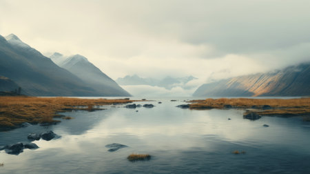 cloudy day in the mountains captures the serene pastoral scenes of norwegian nature. the photo, reminiscent of calm waters, showcases muted and subtle tones in a style reminiscent of maori art. with its light cyan and dark amber hues, this national geographic-worthy image transports viewers to a tranquil and awe-inspiring landscape. ai generatedの素材