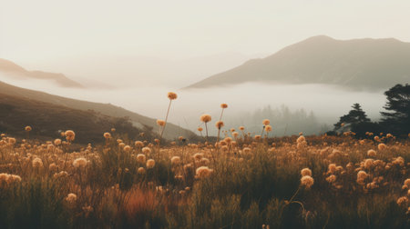 a fog blanket envelops a mountain in a highlands pasture, creating a mesmerizing scene with flower and nature motifs. the light amber and gold hues add to the snapshot aesthetic, while the smokey background enhances the wilderness feel. this naturalist aesthetic captures the breathtaking beauty of the landscape. ai generatedの素材