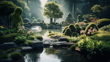 a mesmerizing water fountain waterfall adorned with lush moss and natural stone creates a modern landscape in vibrant green hues. this stunning image, reminiscent of the style found in unreal engine 5, showcases japanese-inspired imagery. with its ultra-high-definition quality, the photo captures the artistry of photobashing, resulting in dreamy landscapes. the scene exudes a shadowy stillness, while intricate and delicate flower and garden paintings addの素材
