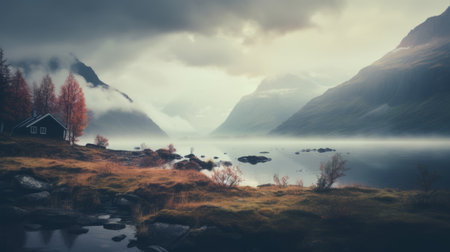 a fog-covered boat rests on the serene shore of a scenic lake, showcasing a layered and atmospheric landscape. this norwegian nature scene captivates with its dark, muted colors and soft, dreamy depiction. the pastoral landscape is beautifully captured in this uhd image, evoking a sense of tranquility. step into a futuristic landscape with this captivating photo. ai generatedの素材