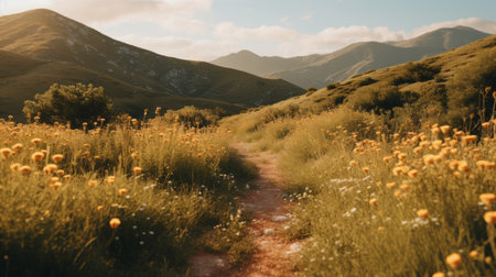meadow with yellow flowers, bathed in morning sunlight, framed by majestic mountains. this snapshot aesthetic captures the essence of adventure and hikecore, with muted earth tones reminiscent of jan van ravesteyn's art. the atmospheric shot showcases the lush and detailed beauty of the meadow. ai generatedの素材